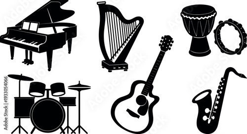 Flat design black instrument silhouettes arranged overhead view grand piano harp acoustic guitar drum kit saxophone tambourine djembe minimalist vector