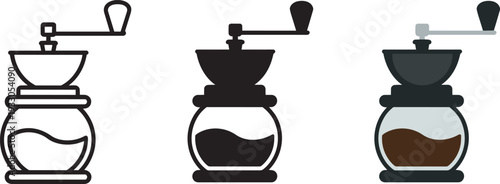 Manual coffee grinder icon set featuring line silhouette and colorful flat vector illustration