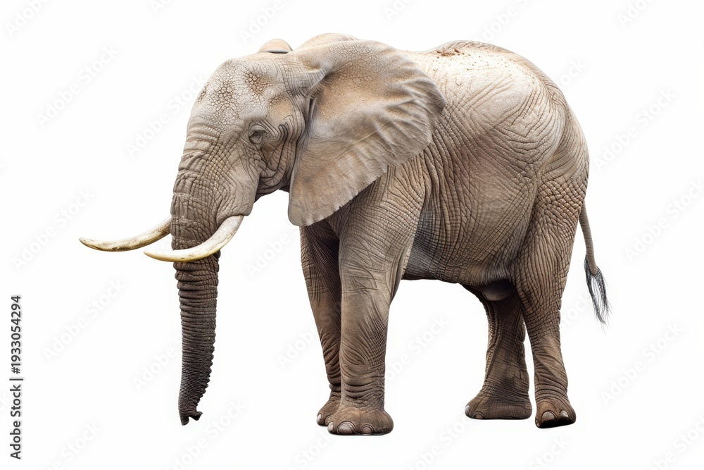 Fototapeta premium A single African elephant is presented against a white background, displaying its tusks and relaxed posture.