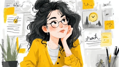 Thoughtful young woman with glasses working at her desk in a creative office environment