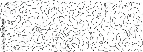 Various black brush drawn curved arrows. Collection doodle marker thick arrows in different directions.,Black pencil arrow, Grunge rough direction shape for design. Vector brush strokes
