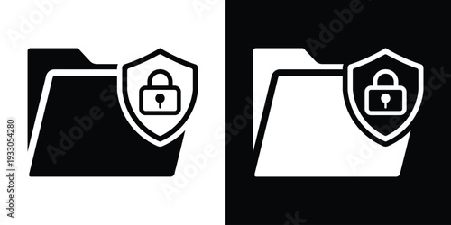 Protected folder icon featuring a locked padlock on a shield. Symbolizes encrypted files, secure storage, and data privacy. Professional UI icon for cloud security.