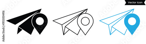 Paper air plane flight route with start point. Various aircraft and destination location pins icons. isolated on white background