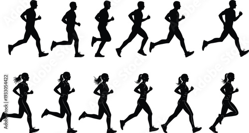 Male and female running silhouette vector set, side view joggers sprinting fitness motion illustration collection