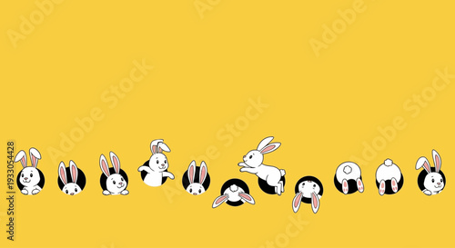 Four ceramic rabbits in different pastel colors arranged in a grid on contrasting backgrounds