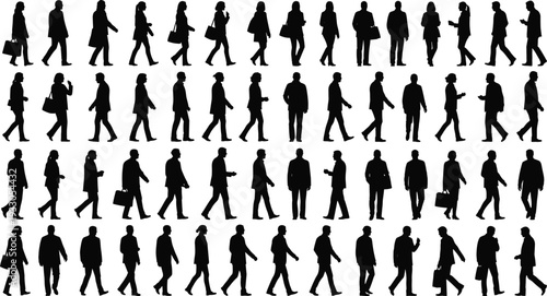 Silhouette collection of people in various active poses jumping sitting standing and dancing on white background,