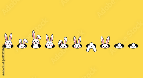 Cute cartoon rabbits in a row on a yellow background viewed from the front