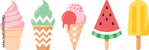 Colorful Ice Cream and Popsicle Vector Set with Soft Serve, Waffle Cone and Watermelon Frozen Treat Illustration