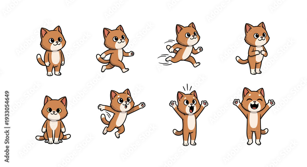 Fototapeta premium Cute cartoon cat poses and expressions in various playful actions