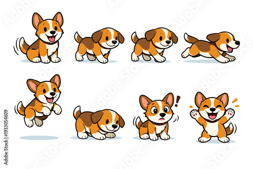 Corgi dog cartoon character set with various poses and emotions