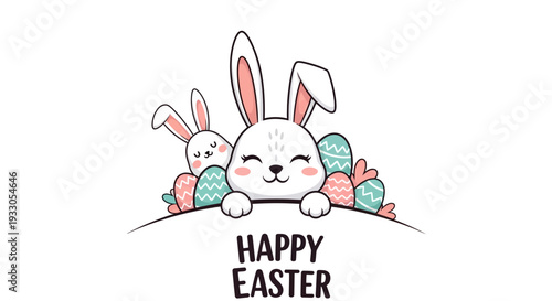 Two cartoon rabbits peeking over a hill with Easter eggs and text Happy Easter
