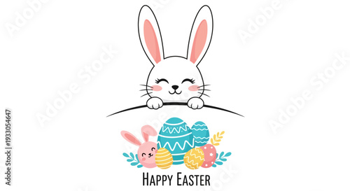 Easter bunny illustration with eggs and flowers in a festive spring scene from a child's viewpoint