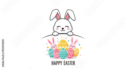 A cartoon bunny peeking over colorful Easter eggs on a festive holiday scene from a child's viewpoint