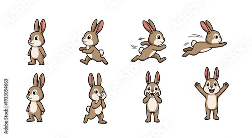 Set of cartoon rabbits in various playful poses and expressions