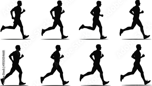 Male runner silhouette vector set, continuous running cycle animation frames fitness sport motion illustration