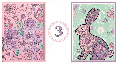 Illustrations of floral patterns and a stylized rabbit with intricate designs in pastel colors from a direct viewpoint