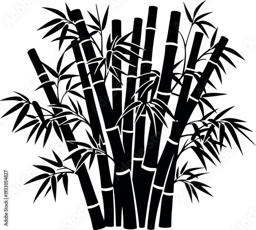 A detailed black and white illustration of a cluster of bamboo plants