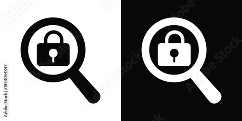 Magnifying glass focused on a locked padlock. Perfect for security auditing, finding vulnerabilities, or verification concepts. Flat vector design in two styles.