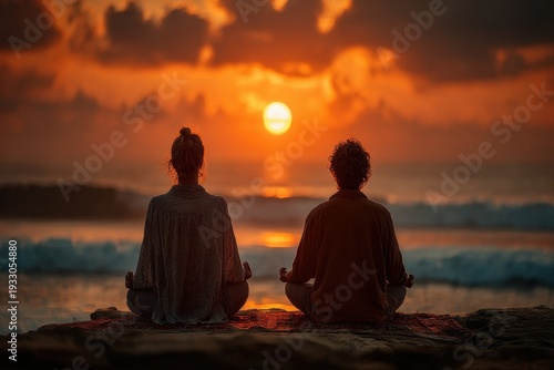 Two people meditating on the beach during sunset