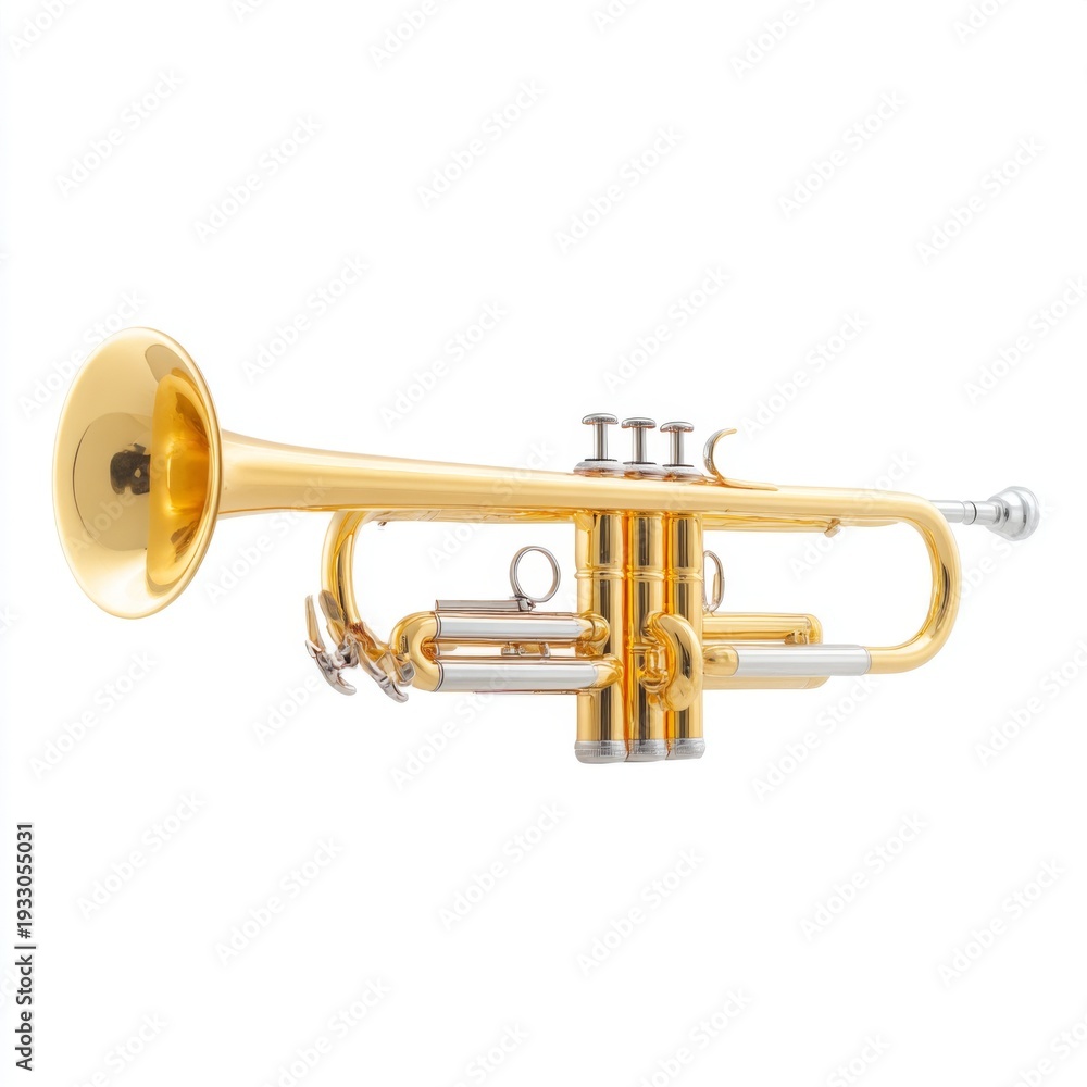Obraz premium Brightly Polished Trumpet Instrument with Three Valves Perfect for Music Enthusiasts and Performers in a Studio Setting