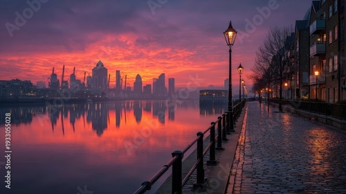 Sunset over a city skyline reflected in the river with a cobblestone promenade