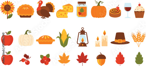 Thanksgiving Autumn Harvest Vector Set with Turkey, Pumpkin, Pie, Apples, Leaves and Festive Fall Elements