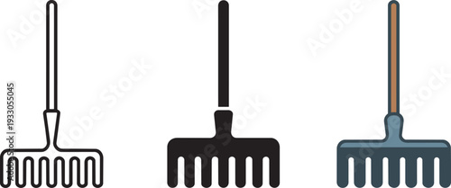 Set of three garden rakes outline filled black and blue on transparent background isolated icons