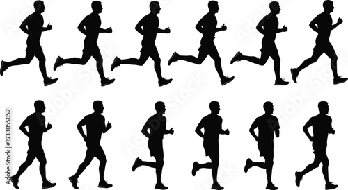 Male running silhouette vector sequence, side view runner jogging sprint fitness motion poses illustration design set