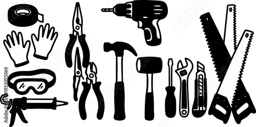 Bold silhouette tool icons flat vector composition showing power drill claw hammer hand saw pliers gloves goggles caulking gun tape
