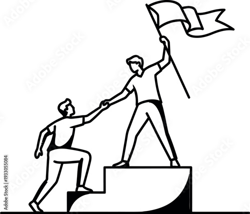 A person helps another reach the top step while holding a flag.