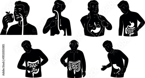 Minimalist medical vector set showing digestion stages and male figures holding abdomen tasting breathing and swallowing in flat style icon