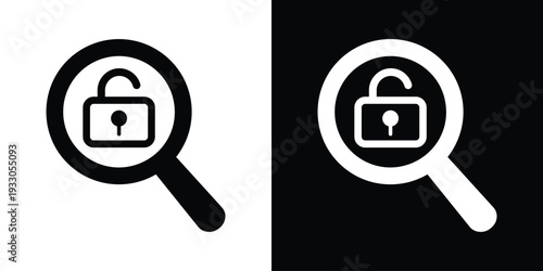 Magnifying glass identifying an unlocked padlock. Ideal for vulnerability scanning, security risk detection, and data leak investigation UI components.