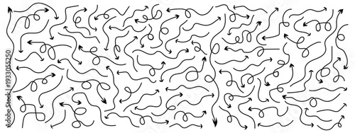 Various black brush drawn curved arrows. Collection doodle marker thick arrows in different directions.,Black pencil arrow, Grunge rough direction shape for design. Vector brush strokes