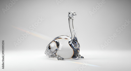 Glass ostrich sculpture sitting with colorful reflections and highlights  
