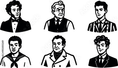 Retro vector portrait set six vintage male headshots varied outfits close up black and white line art expressions formal casual