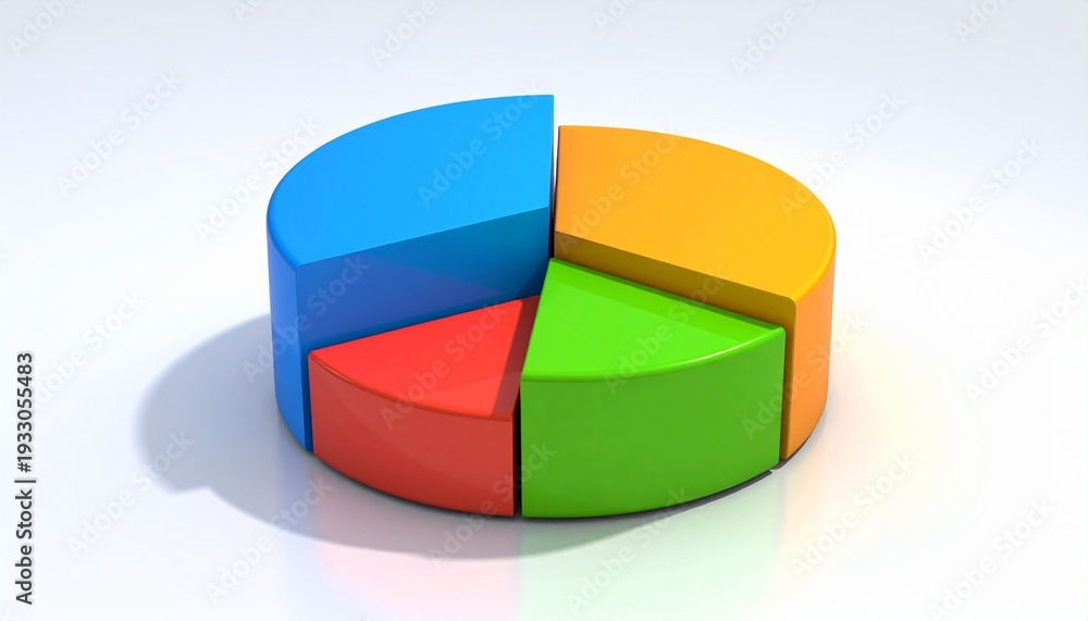 Fototapeta premium 3D pie chart with five colorful segments in blue, orange, green, yellow, and red, shadow effect, symbolizd