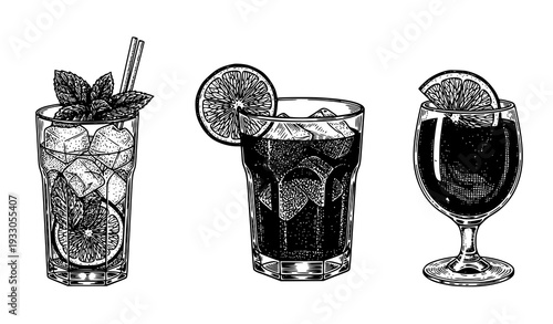 Vintage Engraved Mojito Cuba Libre and Mulled Wine Vector Illustration