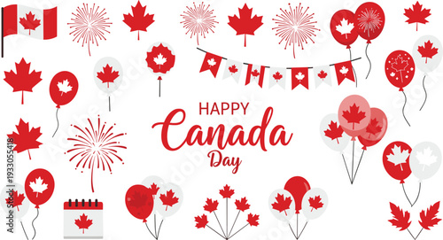 Happy Canada Day Vector Illustration Set with Canadian Flag, Maple Leaves, Fireworks and Red White Balloons
