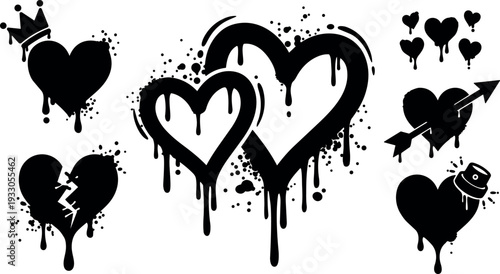 Graffiti drip hearts vector set with crowned broken paired spray can hearts in black grunge stencil central splatter