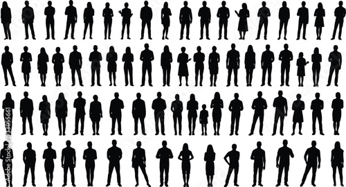 Standing people silhouettes vector set, men women different poses isolated black human figures