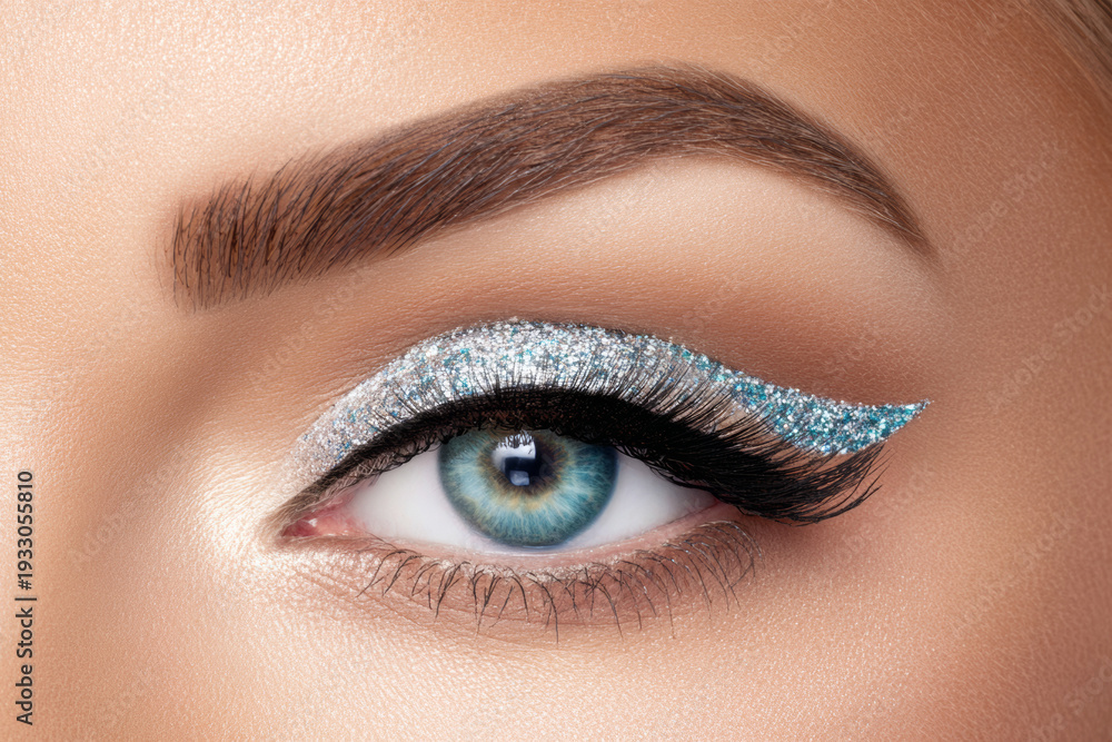 Naklejka premium Close up icy blue glitter eyeliner on female eye with long lashes for beauty makeup detail and cosmetic advertising closeup