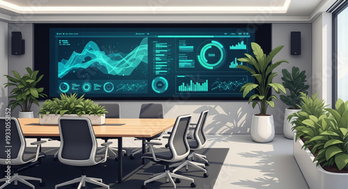 Modern boardroom with data visualization on a large screen for business analysis.