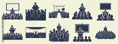 Public Speaking and Presentation Set: Orator at Podium with Audience Crowd, Conference, Lecture Vector Illustration