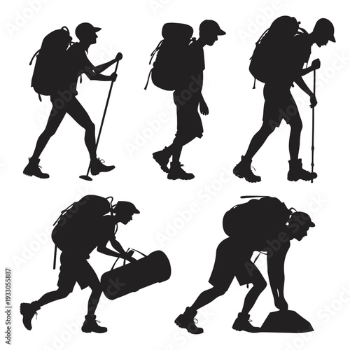 Realistic Hiking Silhouette Vector Bundle Featuring Outdoor Adventure, Mountain Climbing, Trekking, Backpacker, Camping and Nature Explorer Isolated on White Background High Quality Detailed Black