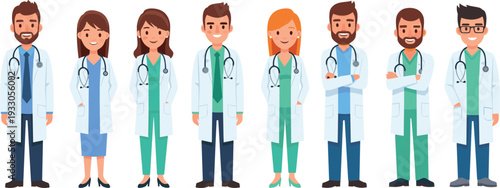 Professional Medical Doctor and Healthcare Specialist Character Set with Stethoscopes and Lab Coats for Hospital, Clinic, Medicine, and Wellness Industry Digital Designs