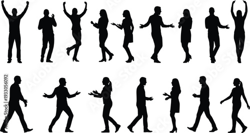 People interaction silhouettes vector collection, men women expressing emotions talking walking gesturing isolated