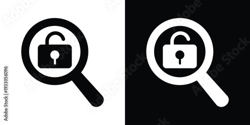 Magnifying glass identifying an unlocked padlock. Ideal for vulnerability scanning, security risk detection, and data leak investigation UI components.