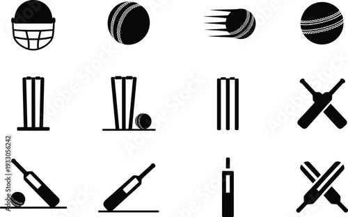 Cricket sport equipment silhouette icon set isolated on gray background, helmet, bat, ball, stumps and wicket vector collection