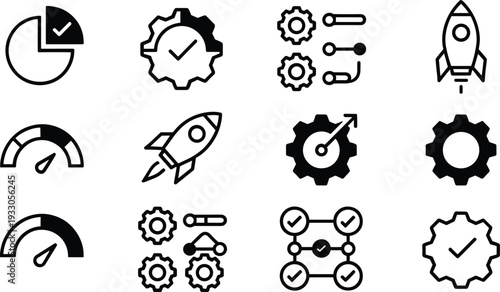 Business growth and performance optimization icon set, startup rocket, analytics dashboard, settings gear, process workflow, productivity vector illustration collection