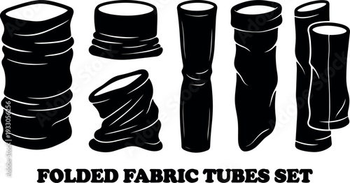 Flat design up folded fabric tube silhouettes set various angles isolated black vector art for sewing mockup studio template display